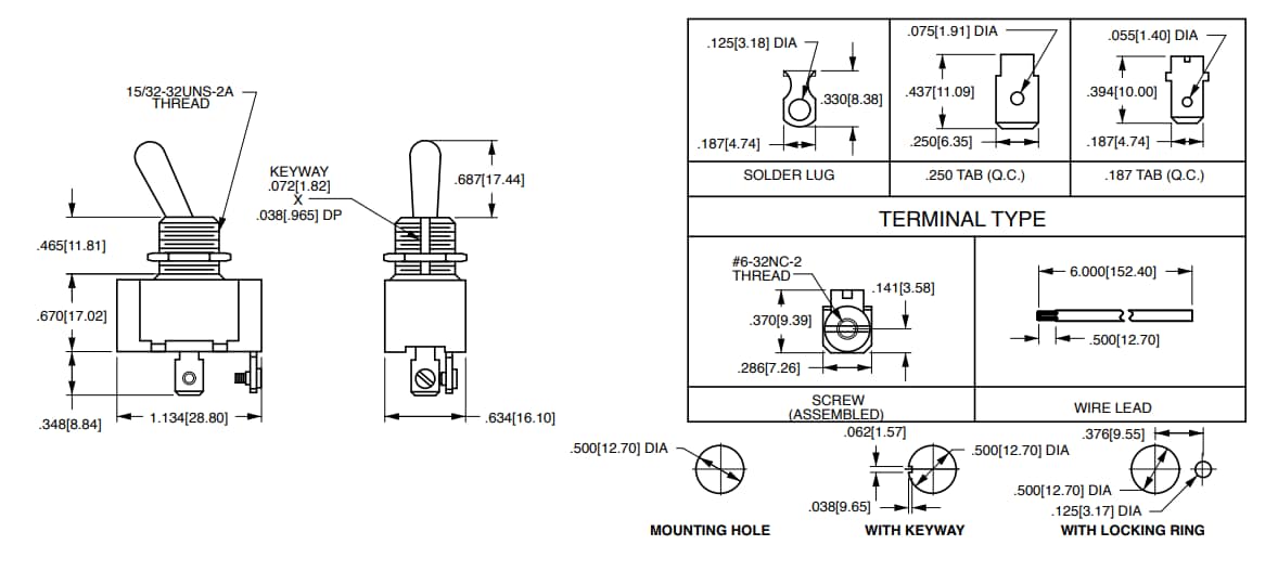Mechanical Drawing - Carling Technologies F-Series Single Pole Toggle Switches